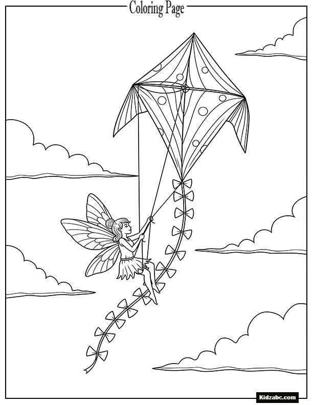 Fairy riding a kite high in the sky