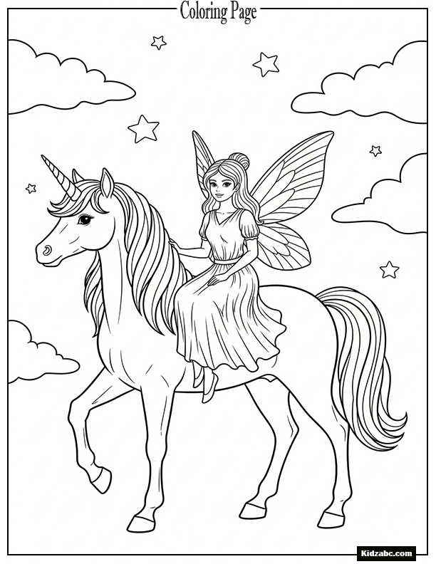 Fairy riding a unicorn, background simple
