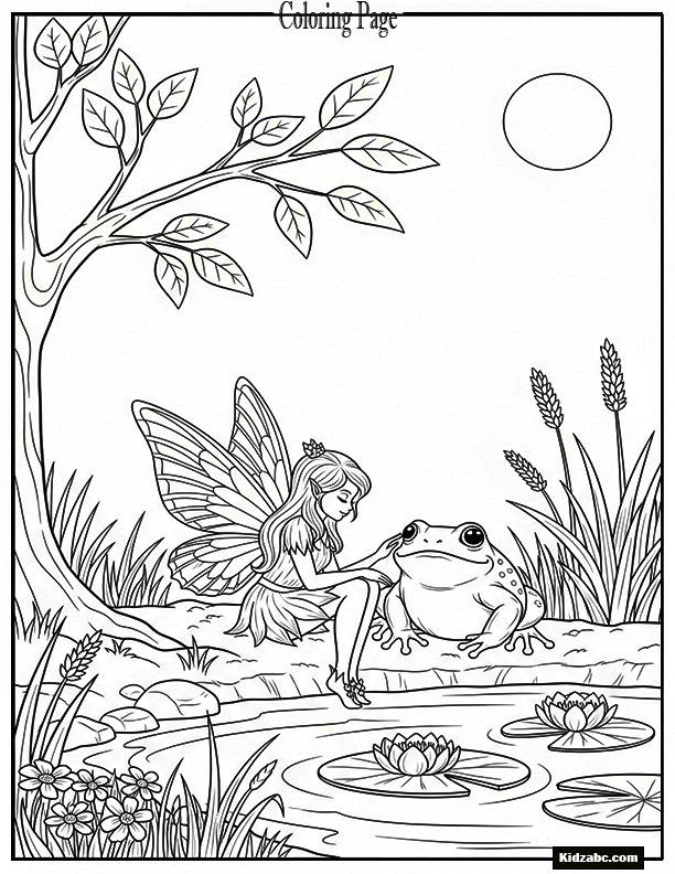 Fairy sitting with a frog near a pond
