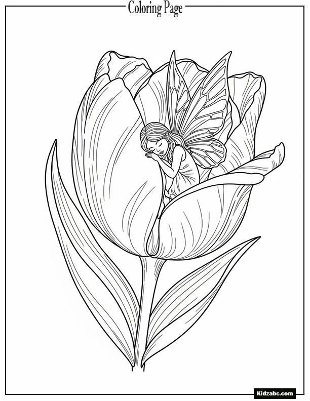 Fairy sleeping inside a tulip, minimal leaves