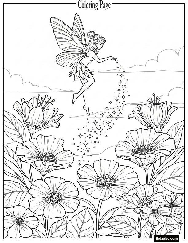 Fairy sprinkling dust over flowers