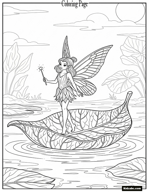 Fairy standing on a leaf boat floating on water