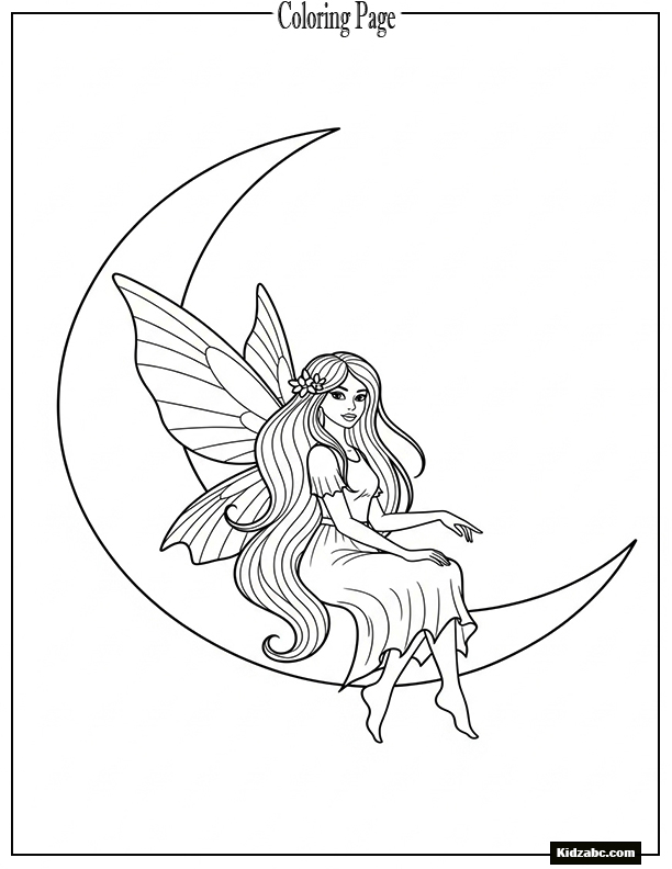 Fairy with long hair, sitting on a crescent moon