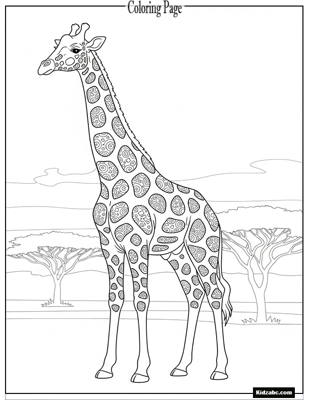 Giraffe Coloring Page with Intricate Patterns in a Safari 