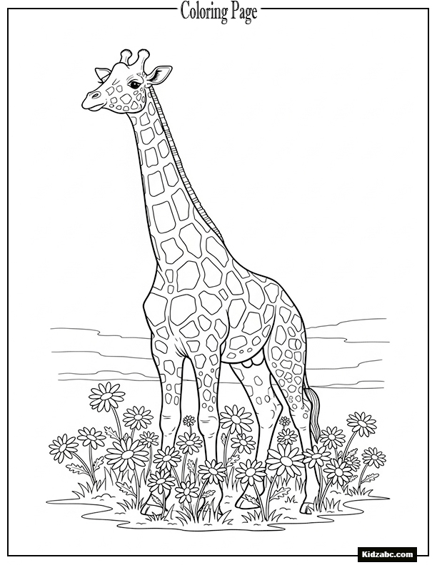 Giraffe among  simple flowers at ground