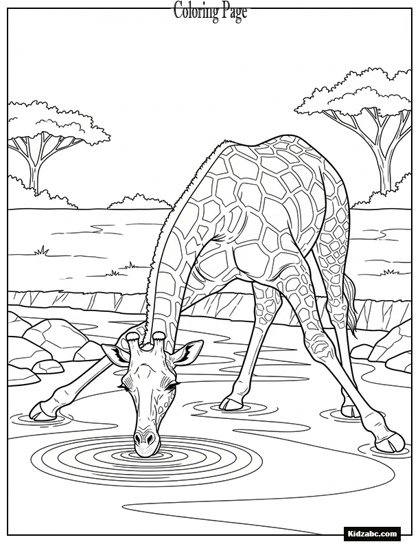 Giraffe bent over drinking from stream, ripples