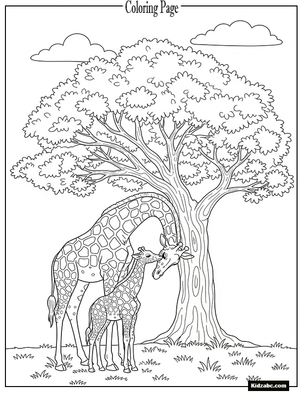 Giraffe cuddling with baby under a tree