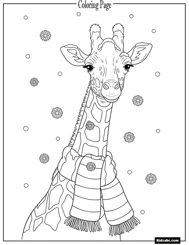 Giraffe in winter scarf with snowflakes