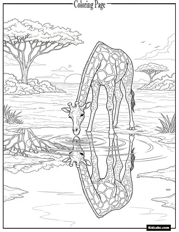 Giraffe looking at its reflection in shallow water