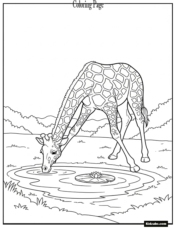 Giraffe near simple watering hole with one lily pad