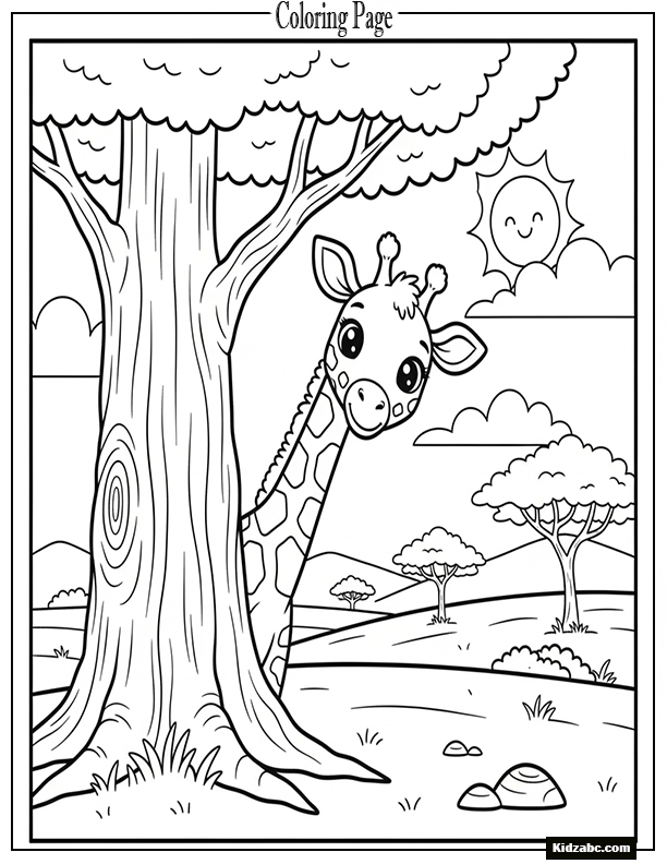 Giraffe peeking behind a tree trunk