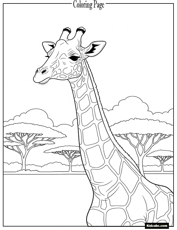 Giraffe silhouette among distant trees