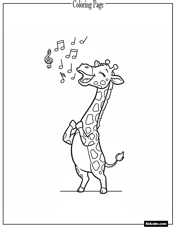 Giraffe singing in front of simple musical notes