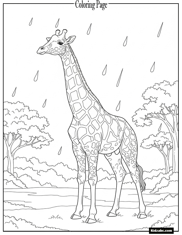 Giraffe under a light rain, few raindrops drawn