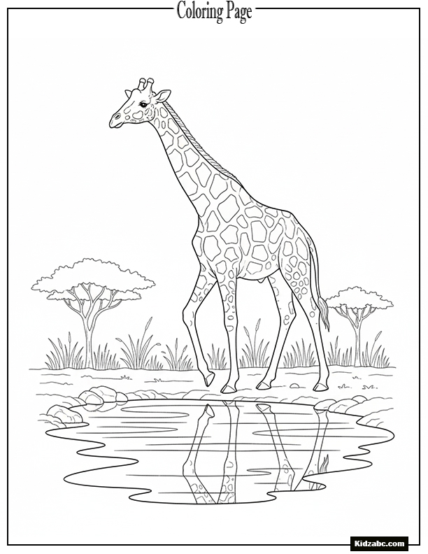 Giraffe walking beside a small water hole