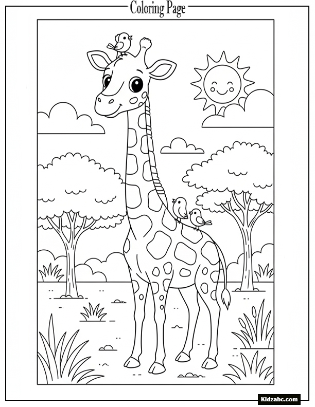 Giraffe with birds perched on its back or head