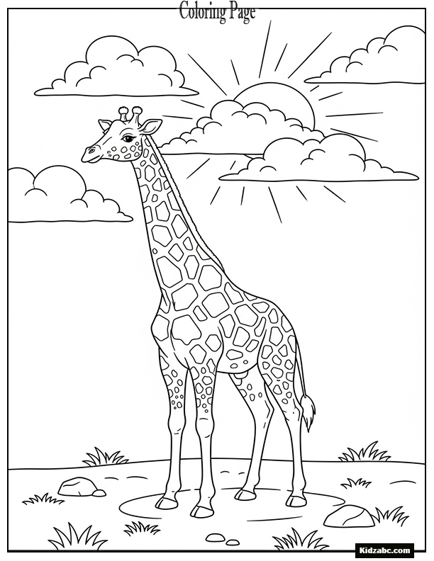 Giraffe with clouds overhead, sun peeking