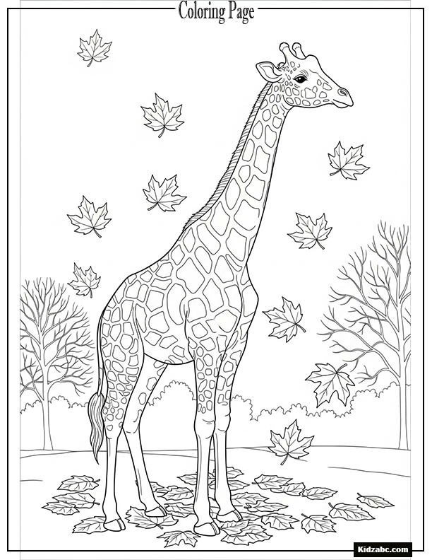 Giraffe with seasonal theme autumn leaves falling