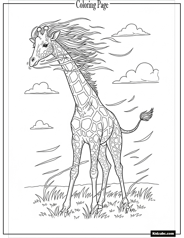 Giraffe with wind blowing its mane & tail
