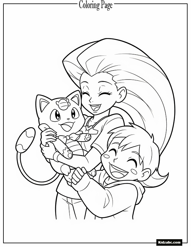 Jessie holding Meowth like a doll, James laughing