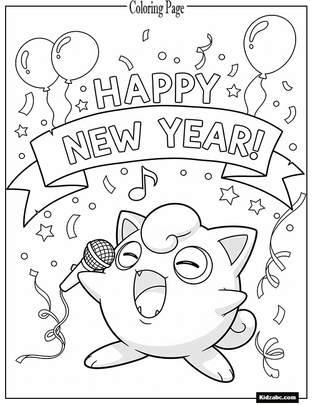 Jigglypuff singing with a New Year banner