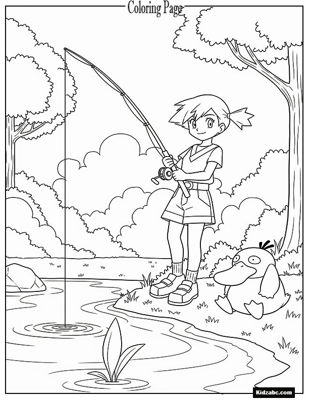Misty fishing while Psyduck watches