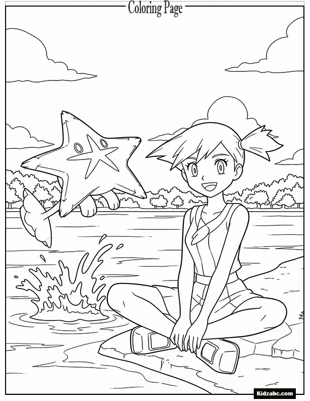 Misty sitting near water with Staryu jumping beside her