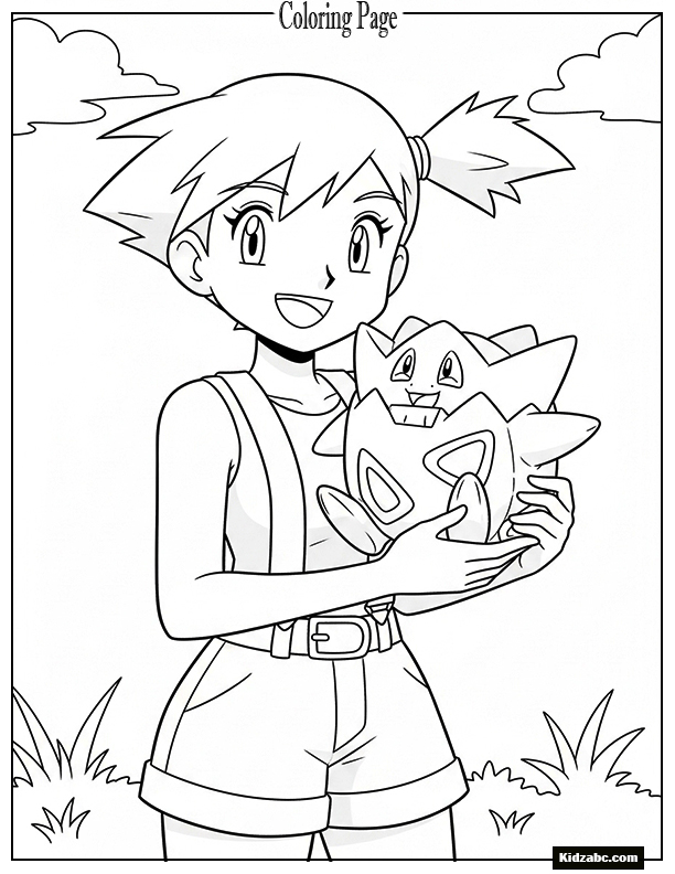 Misty with her ponytail, holding Togepi in her arms