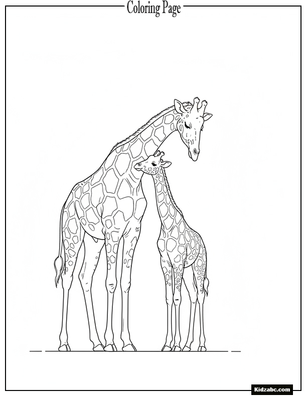 Mother giraffe and baby giraffe nuzzling