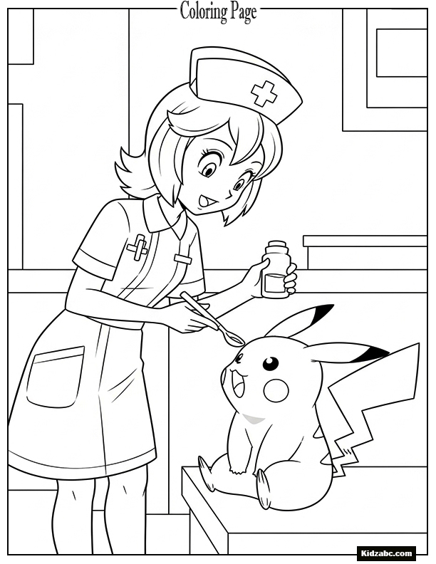 Nurse Joy giving medicine to Pikachu