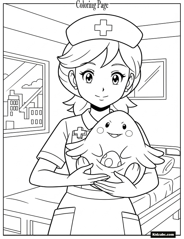 Nurse Joy holding a Chansey