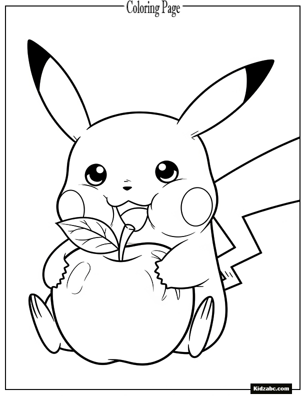 Pikachu eating a big apple, cheeks full, cute style