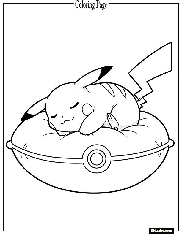 Pikachu sleeping on a pillow shaped like a Pokéball