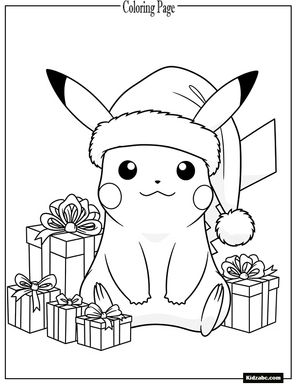 Pikachu wearing a Santa hat with presents