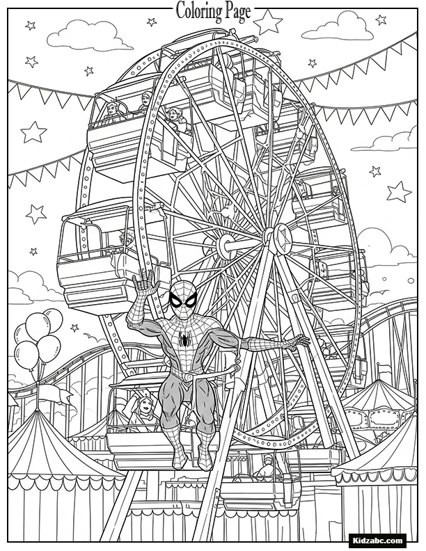 Spiderman at a carnival, riding a Ferris wheel
