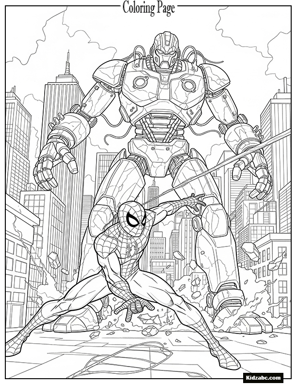 Spiderman battling a giant robot in the city