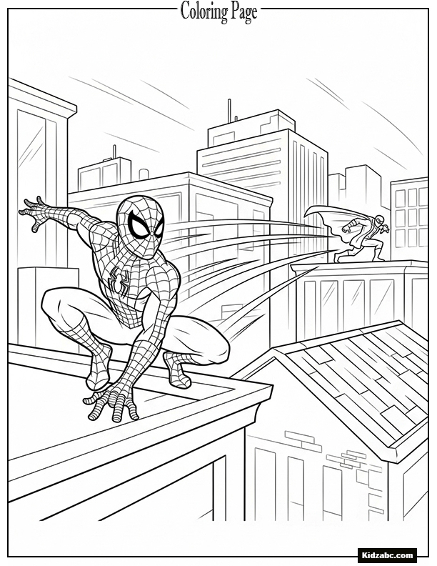 Spiderman chasing a villain across rooftops