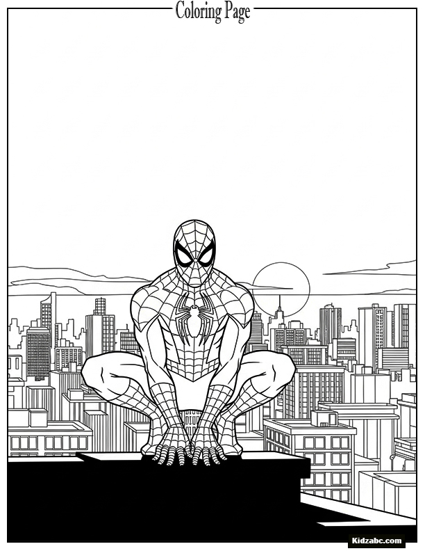 Spiderman crouching on a rooftop at sunset