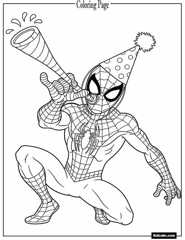Spiderman dressed in a party hat and blowing a horn
