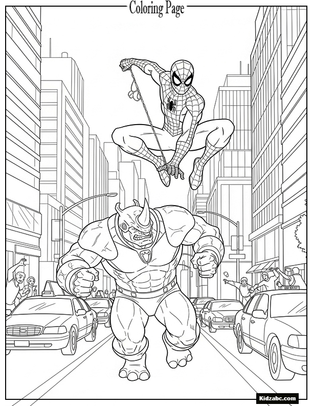 Spiderman facing Rhino in the middle of a busy street