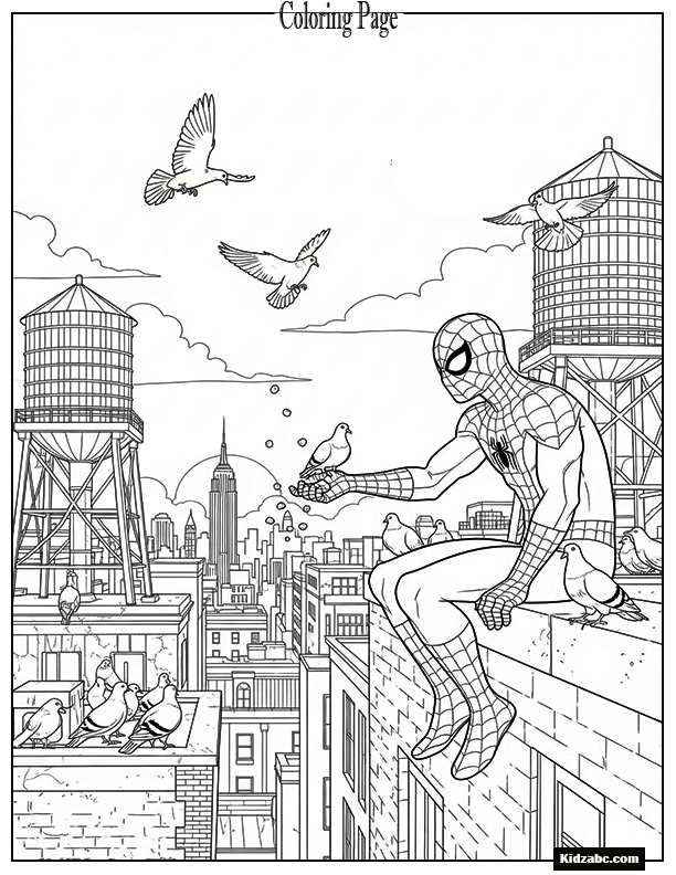 Spiderman feeding pigeons on a rooftop