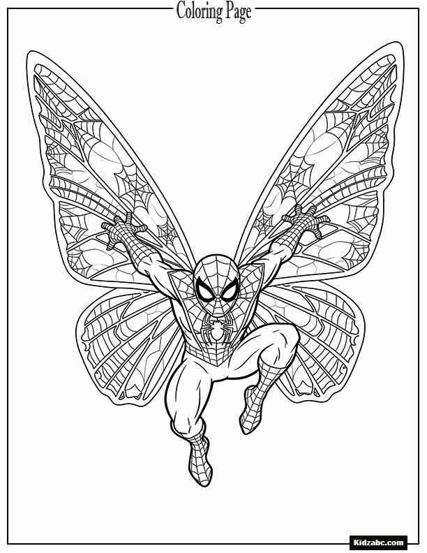 Spiderman flying with giant butterfly wings made of webs