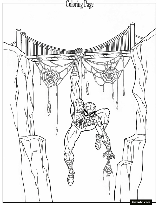 Spiderman hanging between two cliffs