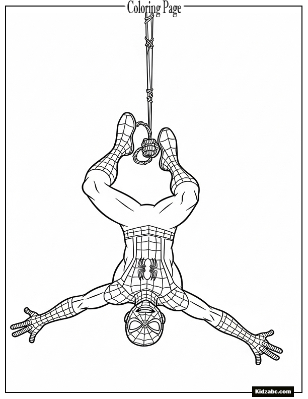 Spiderman hanging upside down from a web