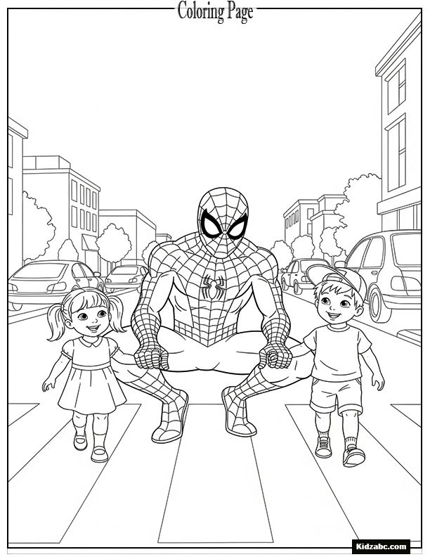 Spiderman helping kids cross the street