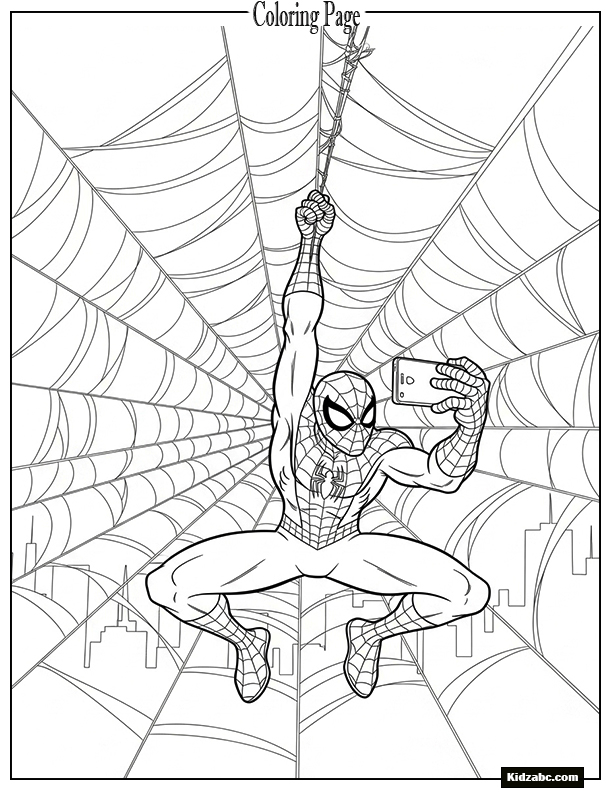 Spiderman posing for a selfie while hanging on his web