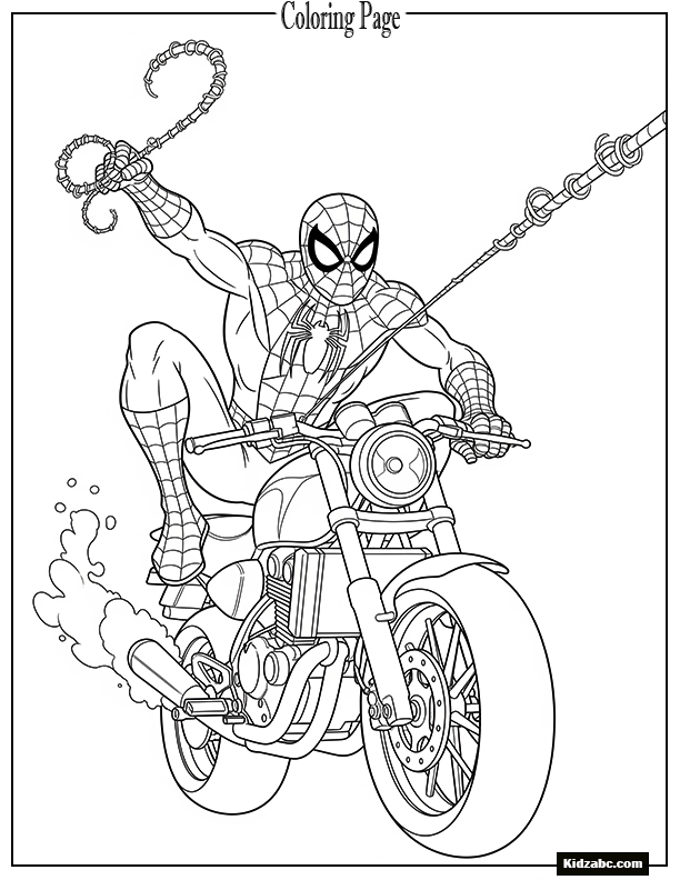 Spiderman riding a motorcycle while swinging webs