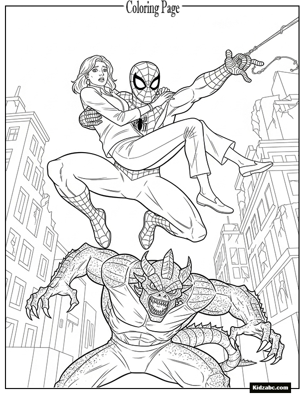 Spiderman saving a civilian from Lizard’s attack