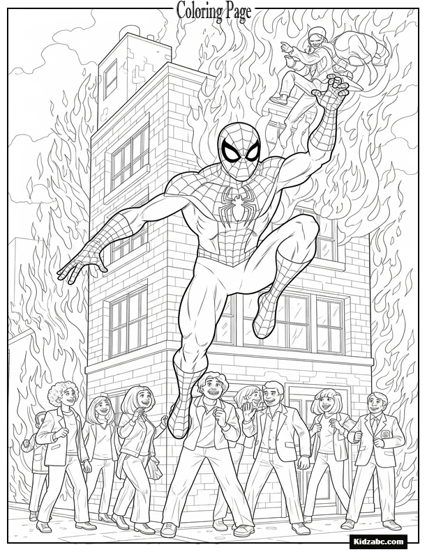 Spiderman saving people from a burning building