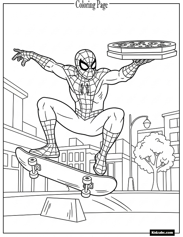 Spiderman skateboarding while holding a pizza